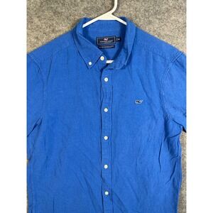 Vineyard Vines Mens Medium Blue Cotton Linen ClassicFit Whale Shirt Short Sleeve